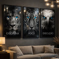 Kit 3 Quadros Decorativos Animais Disciplina Foco Execução Rosto Animais Leão Tigre Águia