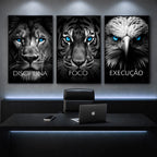 Kit 3 Quadros Decorativos Animais Disciplina Foco Execução Rosto Animais Leão Tigre Águia