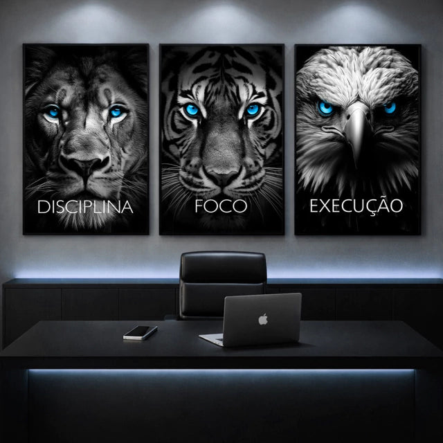 Kit 3 Quadros Decorativos Animais Disciplina Foco Execução Rosto Animais Leão Tigre Águia