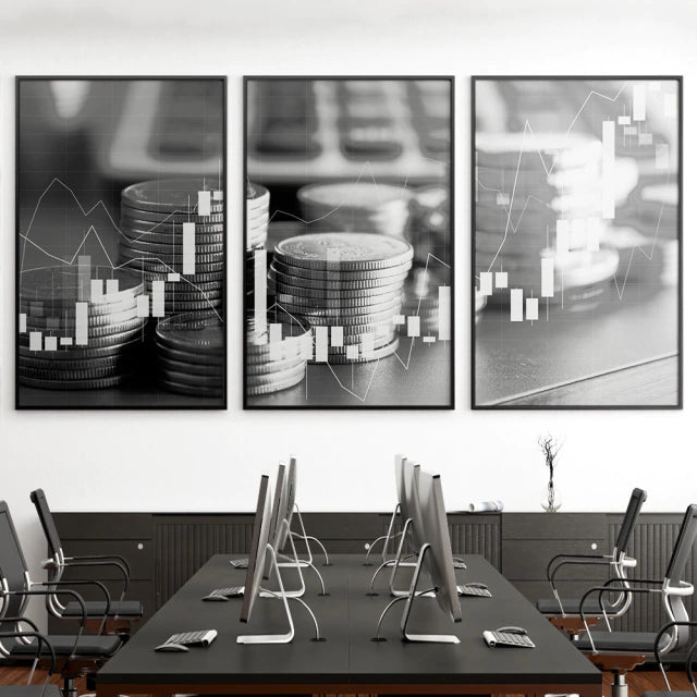 Kit 3 Quadros Decorativos Mercado Financeiro Sócio Investidores Ações Números Exponenciais