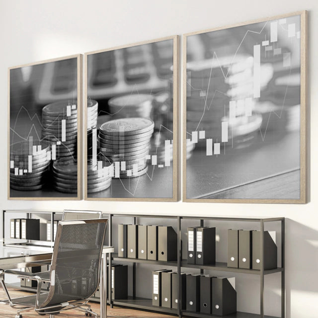 Kit 3 Quadros Decorativos Mercado Financeiro Sócio Investidores Ações Números Exponenciais