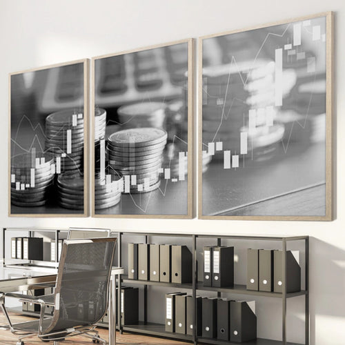 Kit 3 Quadros Decorativos Mercado Financeiro Sócio Investidores Ações Números Exponenciais