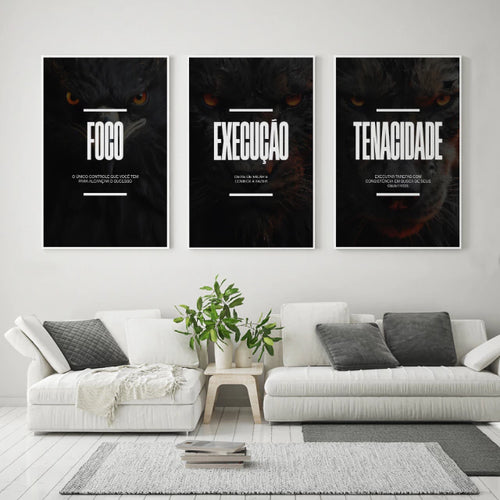 Kit 3 Quadros Decorativos Motivacional Foco Execução Tenacidade (Animais)