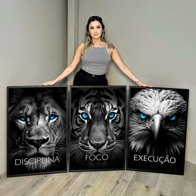 Kit 3 Quadros Decorativos Animais Disciplina Foco Execução Rosto Animais Leão Tigre Águia