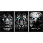 Kit 3 Quadros Decorativos Animais Disciplina Foco Execução Rosto Animais Leão Tigre Águia