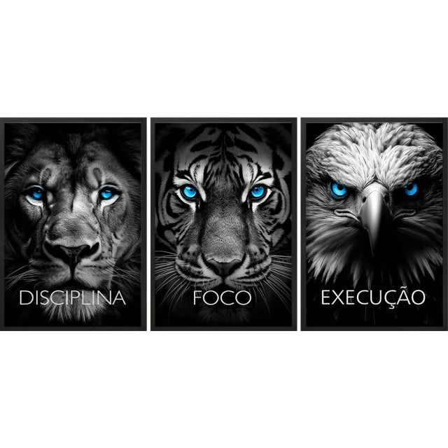 Kit 3 Quadros Decorativos Animais Disciplina Foco Execução Rosto Animais Leão Tigre Águia
