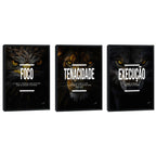 Quadro Decorativo Motivacional Trio: Foco, Execução e Tenacidade - Arte Inspiradora para Sua Casa