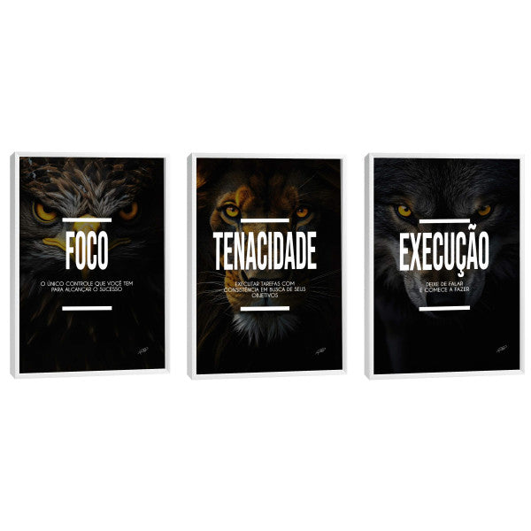Quadro Decorativo Motivacional Trio: Foco, Execução e Tenacidade - Arte Inspiradora para Sua Casa