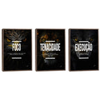 Quadro Decorativo Motivacional Trio: Foco, Execução e Tenacidade - Arte Inspiradora para Sua Casa
