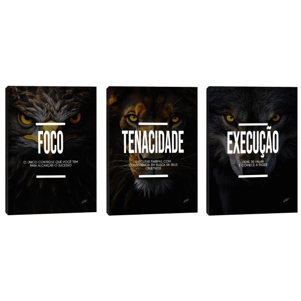Quadro Decorativo Motivacional Trio: Foco, Execução e Tenacidade - Arte Inspiradora para Sua Casa