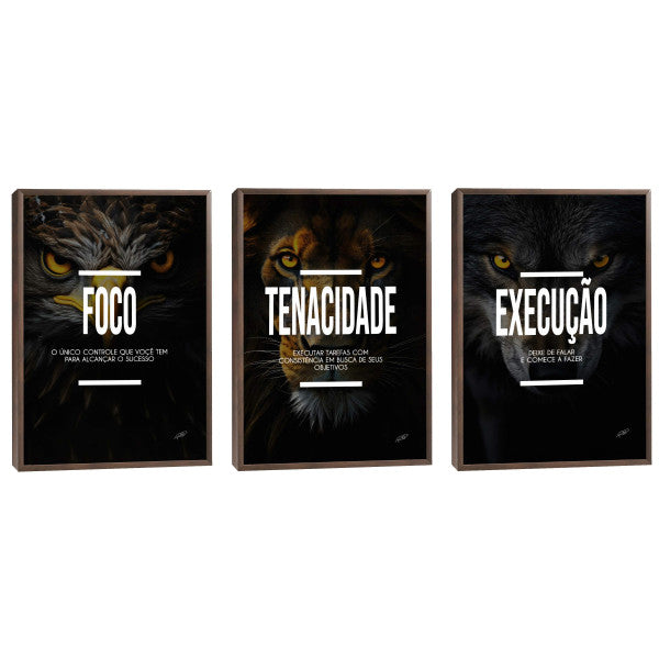 Quadro Decorativo Motivacional Trio: Foco, Execução e Tenacidade - Arte Inspiradora para Sua Casa