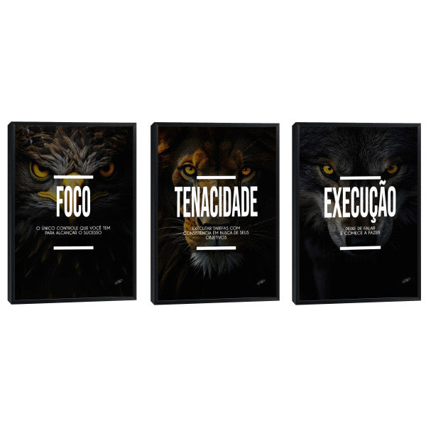 Quadro Decorativo Motivacional Trio: Foco, Execução e Tenacidade - Arte Inspiradora para Sua Casa