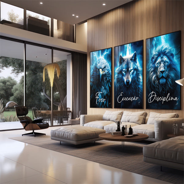 Quadro Decorativo Motivacional Foco, Disciplina e Execução - Azul Vibrante