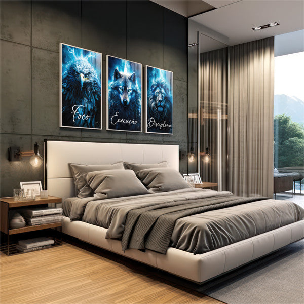 Quadro Decorativo Motivacional Foco, Disciplina e Execução - Azul Vibrante