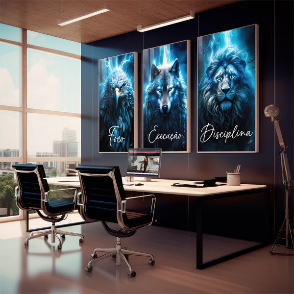 Quadro Decorativo Motivacional Foco, Disciplina e Execução - Azul Vibrante