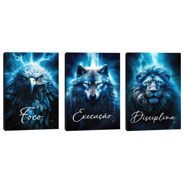 Quadro Decorativo Motivacional Foco, Disciplina e Execução - Azul Vibrante