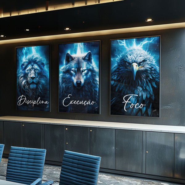 Quadro Decorativo Motivacional Foco, Disciplina e Execução - Azul Vibrante
