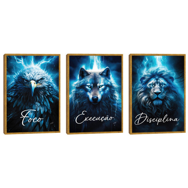 Quadro Decorativo Motivacional Foco, Disciplina e Execução - Azul Vibrante