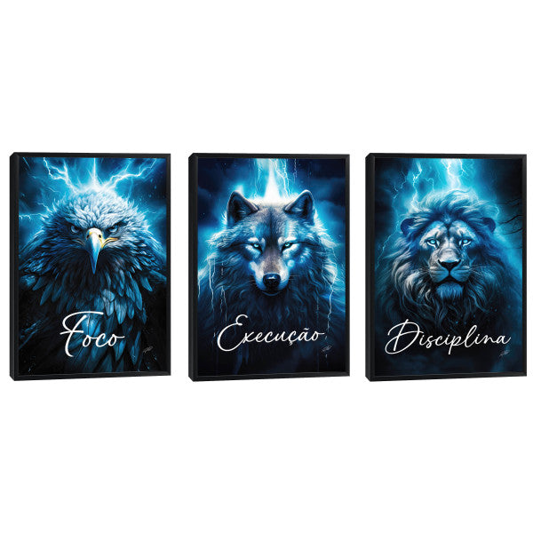 Quadro Decorativo Motivacional Foco, Disciplina e Execução - Azul Vibrante