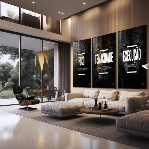Quadro Decorativo Motivacional Trio: Foco, Execução e Tenacidade - Arte Inspiradora para Sua Casa
