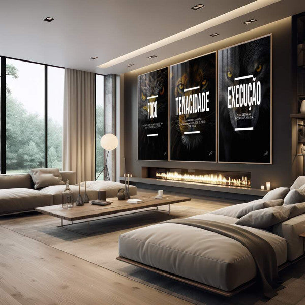 Quadro Decorativo Motivacional Trio: Foco, Execução e Tenacidade - Arte Inspiradora para Sua Casa