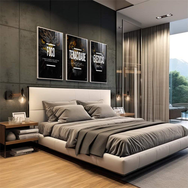 Quadro Decorativo Motivacional Trio: Foco, Execução e Tenacidade - Arte Inspiradora para Sua Casa