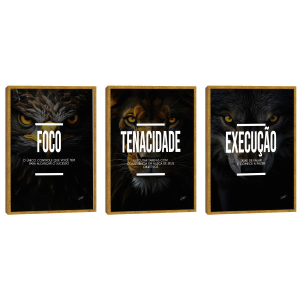 Quadro Decorativo Motivacional Trio: Foco, Execução e Tenacidade - Arte Inspiradora para Sua Casa