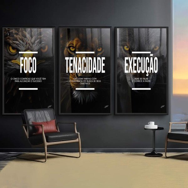 Quadro Decorativo Motivacional Trio: Foco, Execução e Tenacidade - Arte Inspiradora para Sua Casa