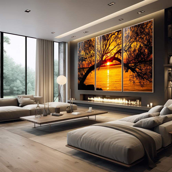 Quadro Decorativo Pôr do Sol Entre Árvores Majestosas