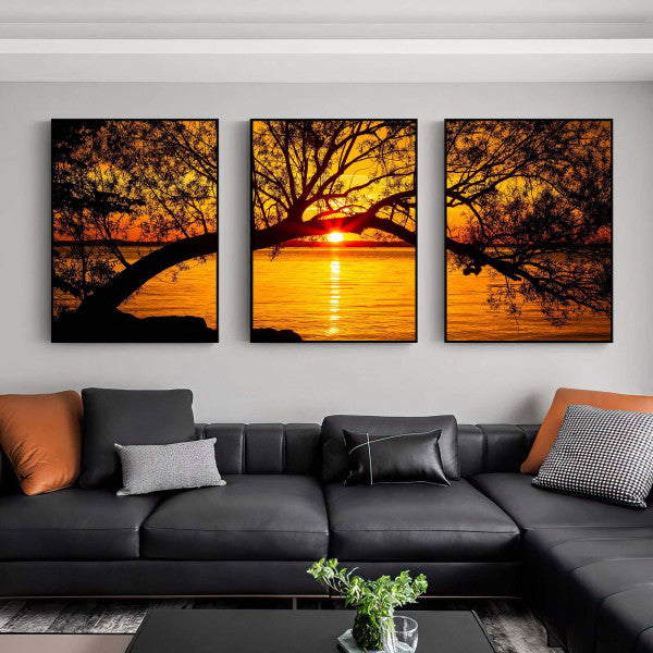 Quadro Decorativo Pôr do Sol Entre Árvores Majestosas